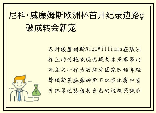 尼科·威廉姆斯欧洲杯首开纪录边路爆破成转会新宠